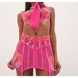 For Love & Lemons Fuschia Pink Embroidered Garter Corset Skirt Lingerie Sz S